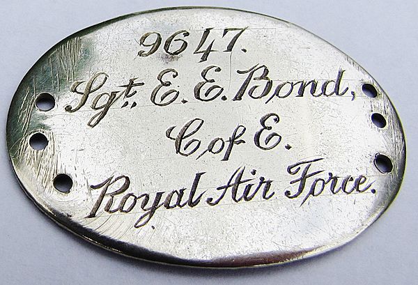 RAF Identification Bracelet Tab named to Sergeant E.E.Bond - Click for the bigger picture
