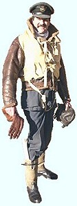 Geoff Pringle wearing RAF Officers Cap, Mae West 1941 pattern Life Jacket, RAF Irvin Flying Jacket, Heated Flying Gloves, RAF Wartime Battle Dress Jacket and Trousers, 1939 Pattern Flying Boots and a 'B' Type Flying Helmet