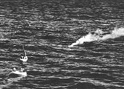 The crew in the dinghies awaiting rescue. W/O J.R.Bristow is in the closer dinghy on the left hand side