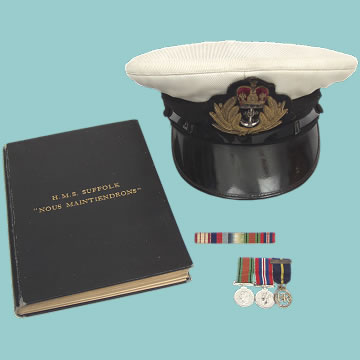 Royal Naval Cap, HMS Suffolk Book & Medal Grouping - Click for the bigger picture