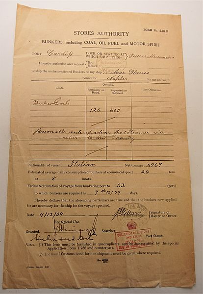 Cardiff Docks Stores Authority Form issued to 'S.S.Mar Glauco' - Click for the bigger picture