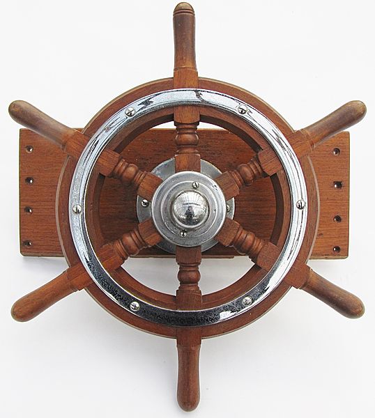 6 Spoke Teak Bulkhead Ships Wheel and Mount - Click for the bigger picture